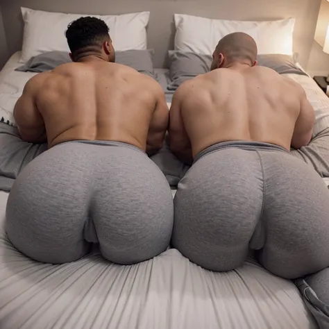 Two men, gay, in bed, cuddling, fat asses, boy bubblebutts, big male ass, shirtless, wearing grey sweatpants, tight grey sweatpants, huge man booty, cuddling in bed, their asses are huge, fat butt, round butt, huge butt, comically massive butt, full butt, ...