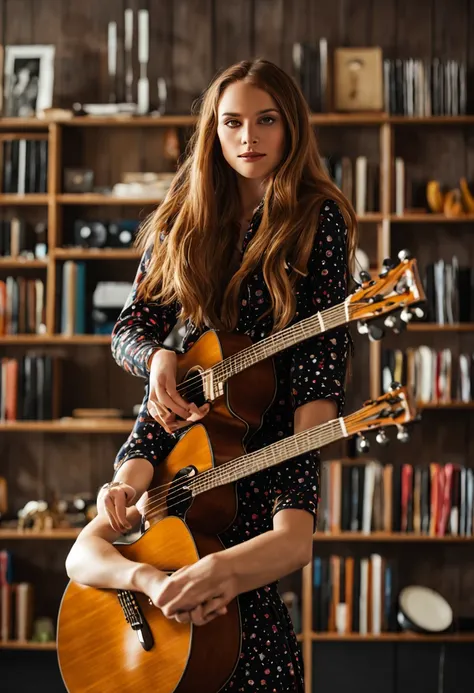 A girl with a unique style, wearing an outfit that mixes dreamlike and urban elements, her light brown hair that flows over her shoulders to her waist,  shines as she plays her majestic guitar, in a music studio full of instruments and shelves of books, am...