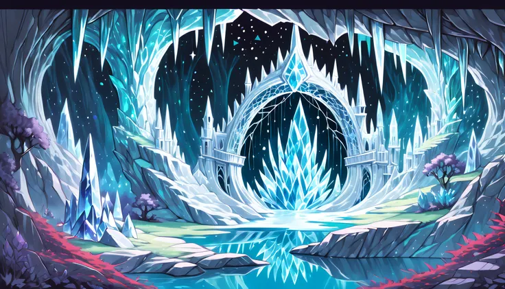 (((Crystal cave with river echoes in wireframe sketch, Added dark fantasy gouache paintings:1.4))). Art that mixes elements of  cutting, The walls of the crystal cave are decorated with sparkling crystals, An atmosphere full of fantasy and mystery. dark cy...