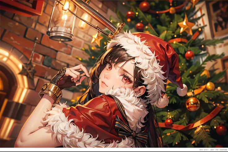 (masutepiece), A sexy、Natural light, Photorealistic, Cameltoe, diffuse glow, depth of fields, big eye、profetional lighting、Red Eyes、Longhaire、Black hair、Dressed as Santa、Christmas tree on background、winking、