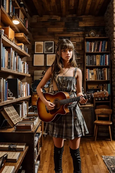 A girl with a unique style, wearing an outfit that mixes dreamlike and urban elements, her light brown hair that flows over her shoulders to her waist,  shines as she plays her majestic guitar, in a music studio full of instruments and shelves of books, am...