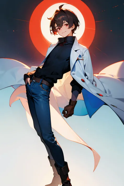 (masterpiece), best quality, boy, 16 years old, tall, dark blue sweater, unbuttoned white lab coat over it, black mitts, light-blue jeans, black boots, brown-red tousled hair, red eyes, wide smile