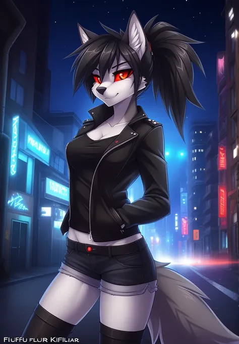 fluff-kevlar, by fluff-kevlar, anthro, hellhound, ((dark grey fur)), female, solo, 1woman, small breasts, shorts, leather jacket, tube top, ((red sclera)), ((white irises)), wolf tail, ponytail, black hair, city street scene