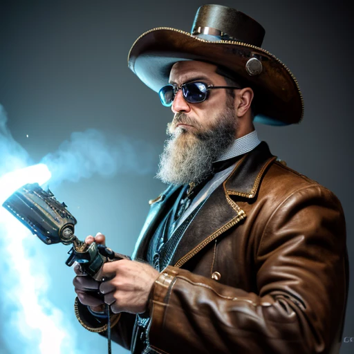 arafed man with a beard and a hat holding a large ax, western steampunk cyborg, cyberpunk old man, cyborg cowboy technical diagram, bionic arms and eyes, bionic cyborg implants, full portrait of electromancer, portrait of machine man, steampunk wizard, cyb...