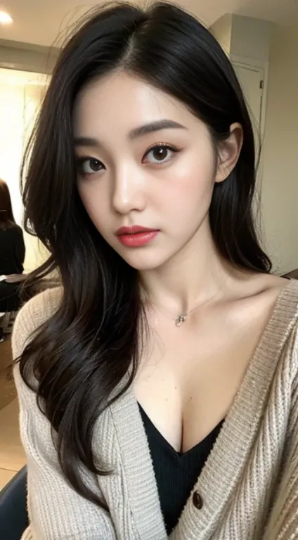 A woman with the same face as last time，Slender Abs、Loose wavy styling、Cardigan、Beautifully expressed in every detail., Including face and skin texture.，Detailed eyes，Seducting look、full body Esbian