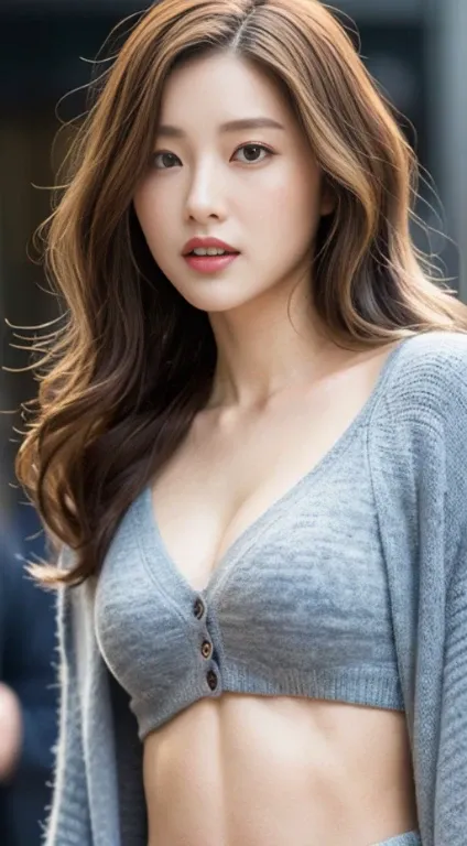 A woman with the same face as last time，Slender Abs、Loose wavy styling、Cardigan、Beautifully expressed in every detail., Including face and skin texture.，Detailed eyes，Seducting look、full body Esbian