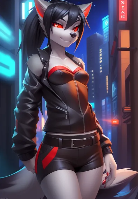 Miles-df, by miles-df, anthro, hellhound, ((dark grey fur)), female, solo, 1woman, small breasts, shorts, leather jacket, tube top, ((red sclera)), ((white irises)), wolf tail, ponytail, black hair, city street scene