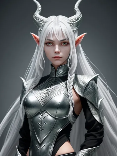 Full-length dragon girl, Tall stature, Toned physique. Long white hair braided, asymmetrical bangs. gray eyes. Black clothes with scaly patterns. Silver Horns on the head, Long Silver Dragon Tail. Silvery scales on the face. A silver fire burns around, poi...