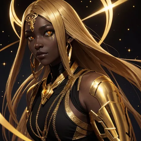 A beautiful female humanoid alien character that has black skin and glowing golden eyes. She looks a bit androgynous and has has textured golden hair and gold tattoos