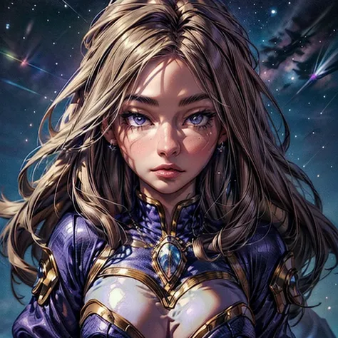 (masterpiece,High quality,Top quality,super detail, best quality ,)1women,prophet,stars blue-purple outfit,brown hair,full body,Tall,beautiful,30 years old,Face details,Skin details,