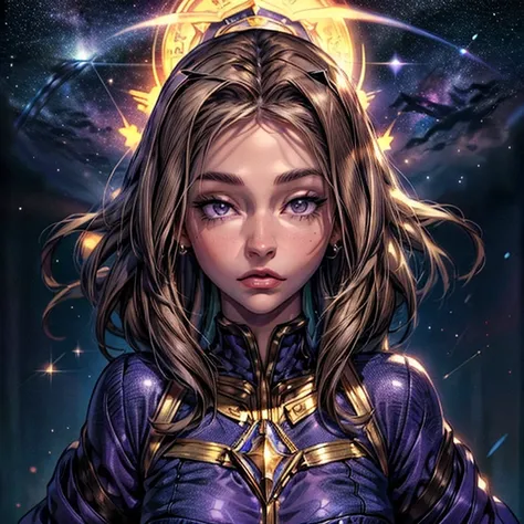 (masterpiece,High quality,Top quality,super detail, best quality ,)1women,prophet,stars blue-purple outfit,brown hair,full body,Tall,beautiful,30 years old,Face details,Skin details,