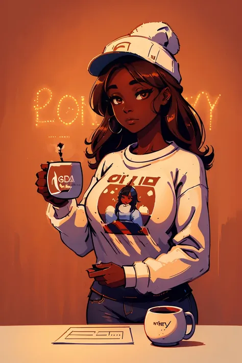 Dark skin pretty young woman in an oversized fuzzy fitted shirt, shy, ((holding a mug with the letters c-a-t-t-y” written on it)), insanely detailed, 4K, 2D illustration, red hat, clearly detailed eyes,  luminous brown eyes, small breast