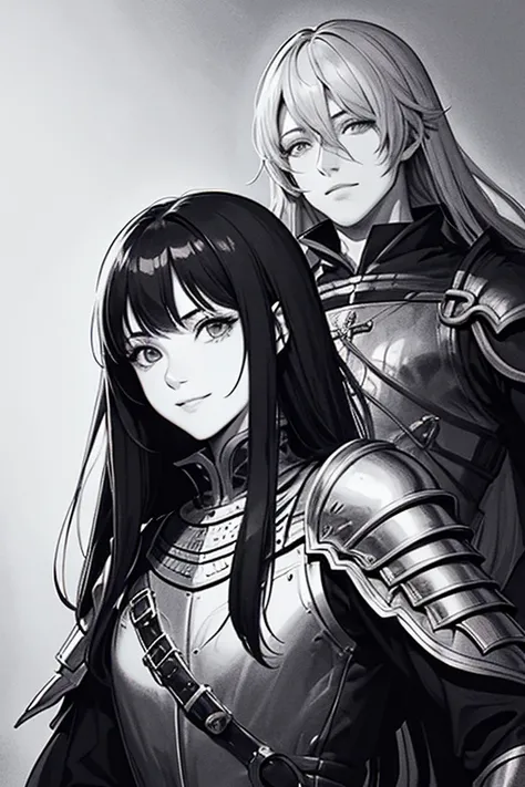 MEDIVAL FANTASY, DUNGEONS & DRAGONS, PORTRAIT, {{LINE ART}}, {{MANGA STYLE}}, ILLUSTRATION, MASTERPIECE, {{monochrome}}, MALE, KNIGHT, SMILE FACE, BLACK LONG HAIR