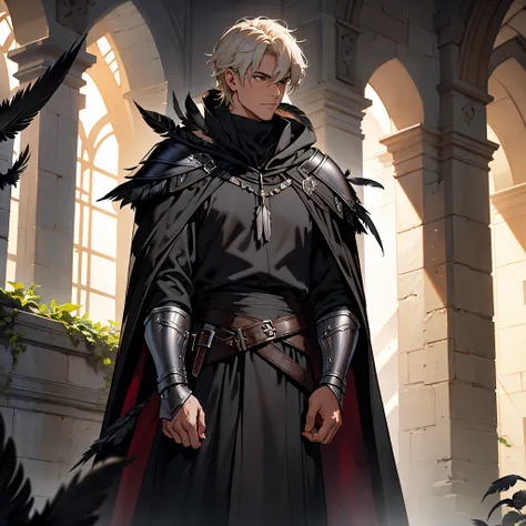 ​masterpiece, Best Quality, 4k, Very detailed, 1 Man(((waist up))), Background with:Rose garden inside a medieval castle, leather armor, (((Cloak made of black feathers))),