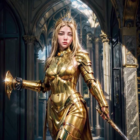 (masterpiece,High quality,Top quality,super detail, best quality ,)1 woman,beautiful,facial details,god,Greco-Roman,golden armor,golden shield,golden sword,skin details,blond hair,hd,Serious face,Face details,