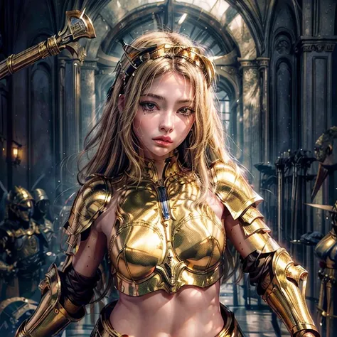 (masterpiece,High quality,Top quality,super detail, best quality ,)1 woman,beautiful,facial details,god,Greco-Roman,golden armor,golden shield,golden sword,skin details,blond hair,hd,Serious face,Face details,