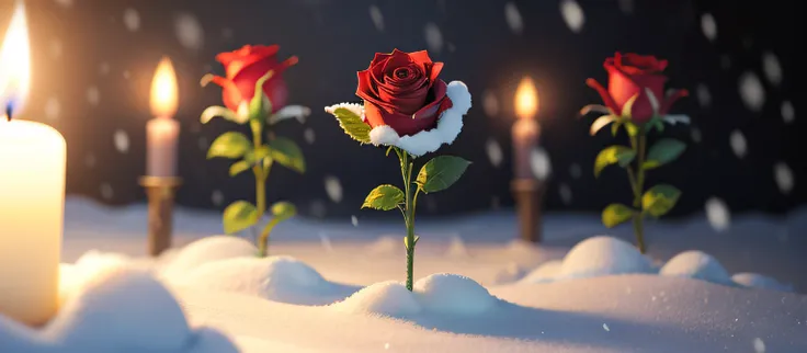 blooming rose bushes under the snow, Candles are burning., snowing, blurred background, High Resolution, hiquality, higly detailed