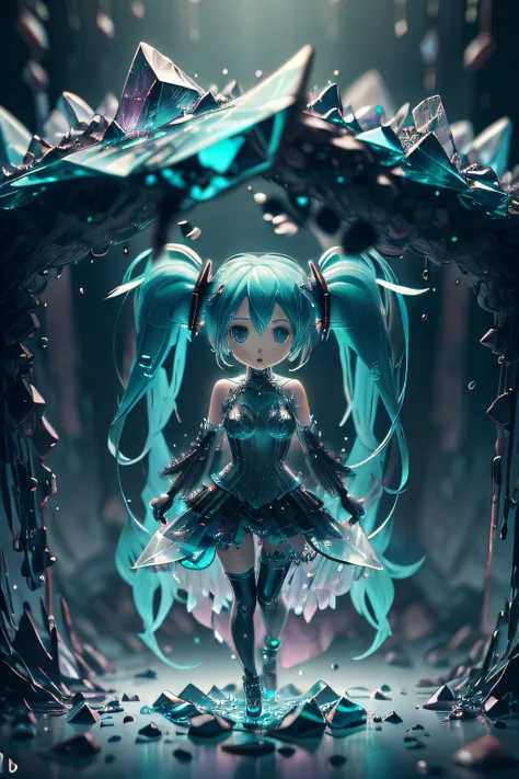 cave with crystal:1.3, Hatsune Miku made of transparent crystal:1.3, Intricate background, (masutepiece), (Best Quality), (ultra high detailed)