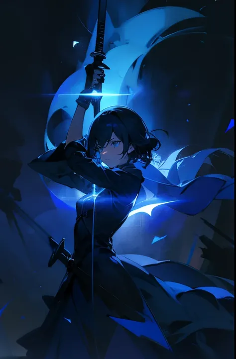 A silhouette of a girl with a two hands sword glowing blue amidst the darkness, the girl is completely dark, silhouette,Shrink your arms, focus face