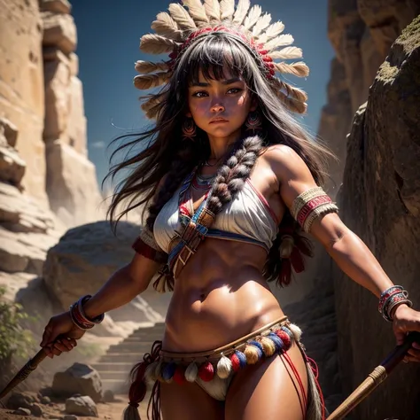 (masterpiece,High quality,Top quality,super detail, best quality ,)1 woman,15 years old,tan skin,native America,beautiful,skin details,Face details,HD,full body,holding a spear,