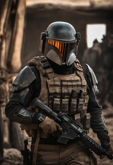 best quality,ultra-detailed,realistic:1.37,bounty hunter, post apocalyptic combat uniforms,tactical gear,protective helmets,gun in one hand,strong and confident,stern expressions,dynamic poses,intense action,military backdrop,HDR,vivid colors,professional