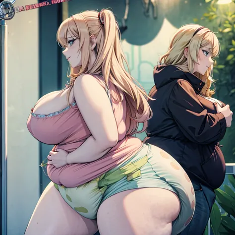 Anime woman Enormous bloated expanding diaper mess, huge bloated pregnant belly, huge overflowing breast, orgasm relieved expression, butt toward viewer