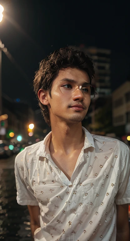 c0urtney,a boy,(closeup:1.1),long hair,bangs,wearing white shirt,rainy,(city lights:1),smile,extremely detailed,intricated,masterpiece,cinematic,(film grain:1.2),bokeh,volumetric lighting,motion blur, (dimly lit:1.3) ,(rim light:1.2), add_detail:2,