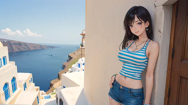 (masterpiece, best quality), 1 girl, perfect body, big breasts, woman, santorini, colorful striped tank top, shorts, stylish, bracelets, necklace, standing pose, afternoon