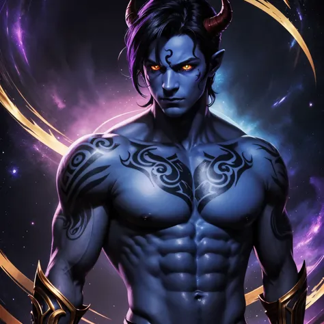 male, demon, tiefling, blue and purple skin, black hair, golden eyes, looking down sadly, galaxy background, delicate facial features, lean muscular, shirtless, tribal tattoos, glowing