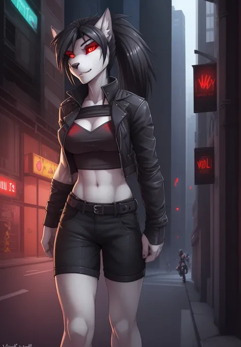 wolfy-nail, by wolfy-nail, anthro, hellhound, ((dark grey fur)), female, solo, 1woman, medium breasts, shorts, leather jacket, tube top, ((red sclera)), ((white irises)), wolf tail, ponytail, black hair, city street scene, courier bag