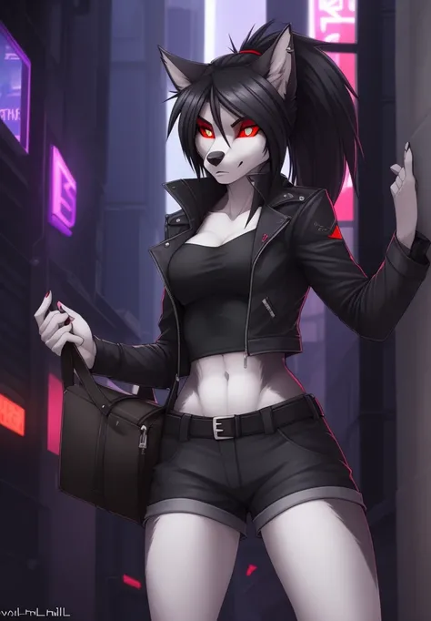 wolfy-nail, by wolfy-nail, anthro, hellhound, ((dark grey fur)), female, solo, 1woman, medium breasts, shorts, leather jacket, tube top, ((red sclera)), ((white irises)), wolf tail, ponytail, black hair, city street scene, courier bag