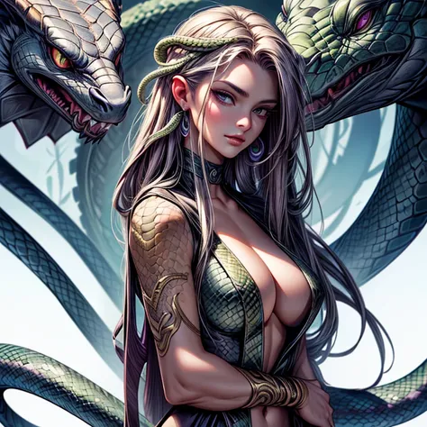 (masterpiece,High quality,Top quality,super detail, best quality ,)1 woman,beautiful,half snake,The lower part is a snake,medusa,Face details,Skin details,Hd,full body,