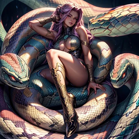 (masterpiece,High quality,Top quality,super detail, best quality ,)1 woman,beautiful,half snake,The lower part is a snake,medusa,Face details,Skin details,Hd,full body,