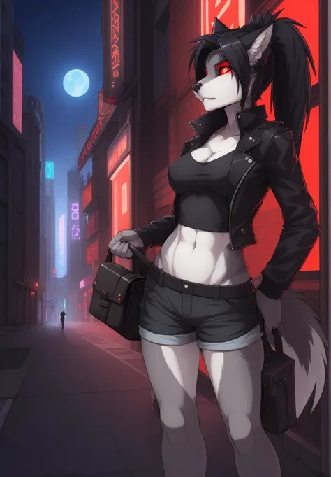 wolfy-nail, by wolfy-nail, anthro, hellhound, ((dark grey fur)), female, solo, 1woman, medium breasts, shorts, leather jacket, tube top, ((red sclera)), ((white irises)), wolf tail, ponytail, black hair, city street scene, courier bag, pistol