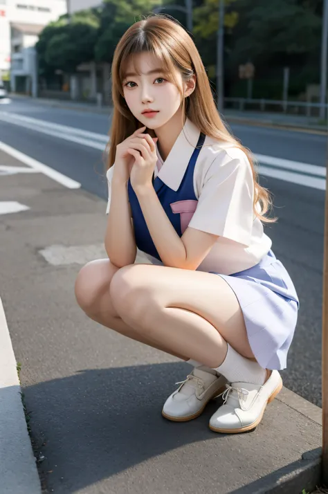 There was a woman kneeling on the roadside.., Korean Girl, japanese girl school uniform, sakimichan, wearing japanese school uniform, Japan school uniform, sakimichan hdri, pretty face with arms and legs, Japanese Models, Cute Schoolgirl, korean female fas...