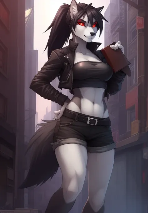 wolfy-nail, by wolfy-nail, anthro, hellhound, ((dark grey fur)), female, solo, 1woman, medium breasts, shorts, leather jacket, tube top, ((red sclera)), ((white irises)), wolf tail, ponytail, black hair, city street scene, courier bag, spellbook