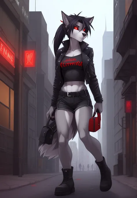 wolfy-nail, by wolfy-nail, anthro, hellhound, ((dark grey fur)), female, solo, 1woman, small breasts, shorts, leather jacket, tube top, ((red sclera)), ((white irises)), wolf tail, ponytail, black hair, city street scene, courier bag, spellbook