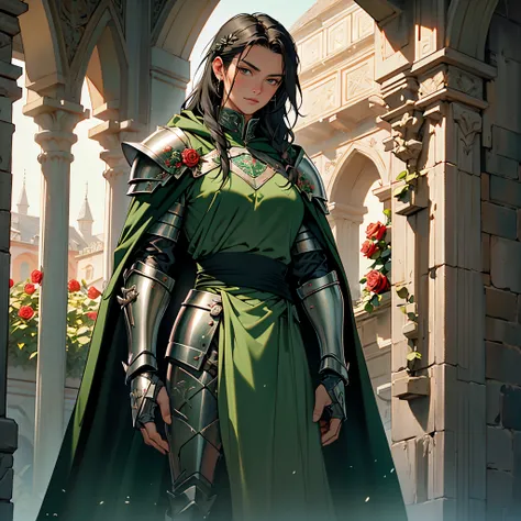 ​masterpiece, Best Quality, 4k, Very detailed, Background with:Rose garden inside a medieval castle, One mature female knight with long hair, Black hair(((waist up))), (((Adamantium Armor))), ((rose decoration)), (((green cloak)))