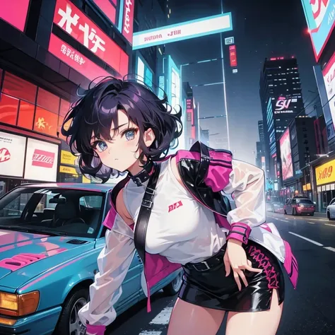 90s style anime of a petite sexy woman with short curly hair, has a spiky haired man with JDM cars behind them and neon city.