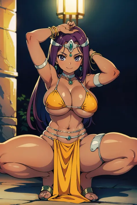 best quality, high resolution, (huge breasts:1.2), stage, arms raised in the air, dark skin, dqmanya, bangs, circlet, earrings, ...