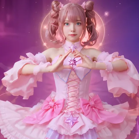 Live-action girl in a pink dress with a star in her hand, portrait of the magical girl, magical little girl, Lori, Trending on CGSTATION, Smooth live-action CG art, beautiful celestial mage, sparkling magical girl, spellcasting pose, cute live action girl ...