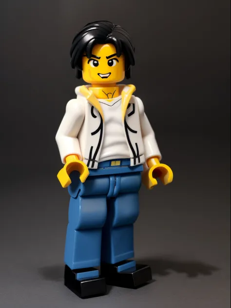 LEGO Creator, LEGO MiniFig, a lego figurine, with white skin tone, with a slicked black hair, white shirt with big black puffer jacket, blue jeans and black shoes