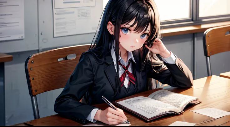 1 girlfriend, with black long hair, in school uniform, facing the book, writing on the paper, in the classroom, super detail hand features, high resolution