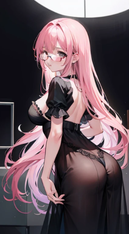 A young girl wearing only sexy black lace lingerie, glasses, long pink straight hair, pregnant figure, E-cup, back to the audience, hands ruffled her long hair, back without any cover, showing her hips to the audience