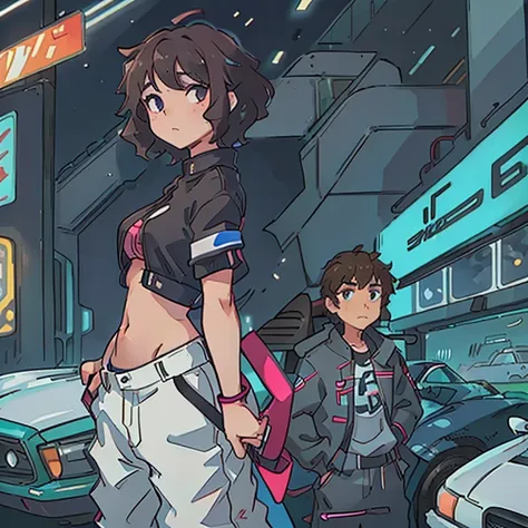 petite sexy woman with short curly hair has a wavy haired man standing beside her with JDM cars behind them and neon city.