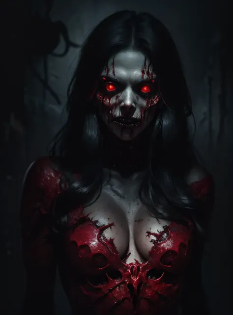 a terrifying mental image of a female figure of pure evil immersed in a hideous and hellish environment, obscure place coming from hell, dark ritual, appearance like a demon with sinister glowing eyes that evoke instant terror, evil beast, fiend, demon, ab...