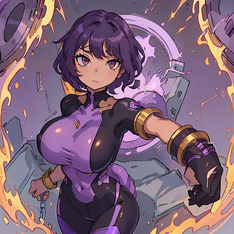 anime black woman in tight clothes with big breasts and short purple hair and golden eyes