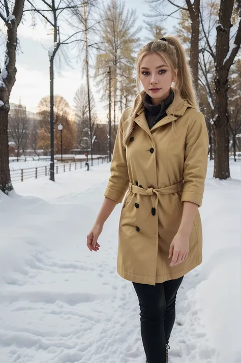 Woman, 20 Years old, Russian, Makeup, smoky eyes, yellow eyes, Blonde hair, Ponytail, wearing winter clothing, walking in the park covered on snow