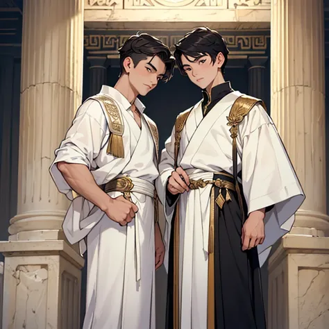 (masterpiece,High quality,Top quality,super detail, best quality ,)(((2man)))2male ,(((twin))),12 years old,gemeni,ancient Greece,full body,One person wears a white outfit,Another person wore a black outfit,Face details,Skin details,