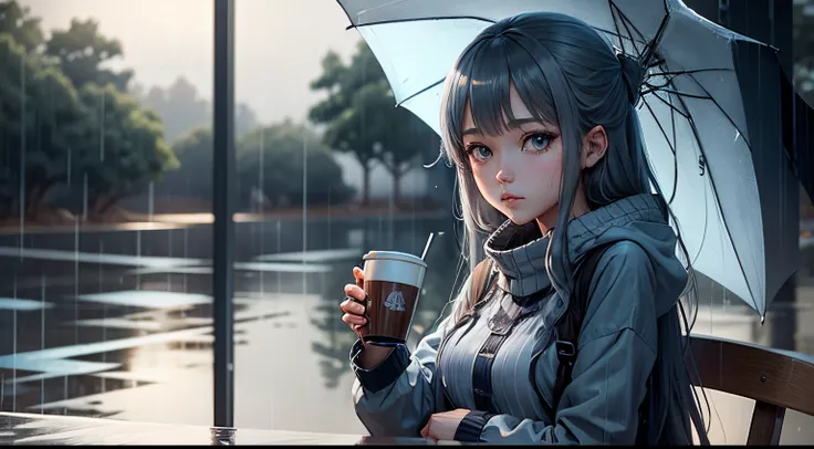 "Rainy Day Retreat": Anime girl with a cup of coffee and an umbrella in the rain, featuring cool blues and grays.